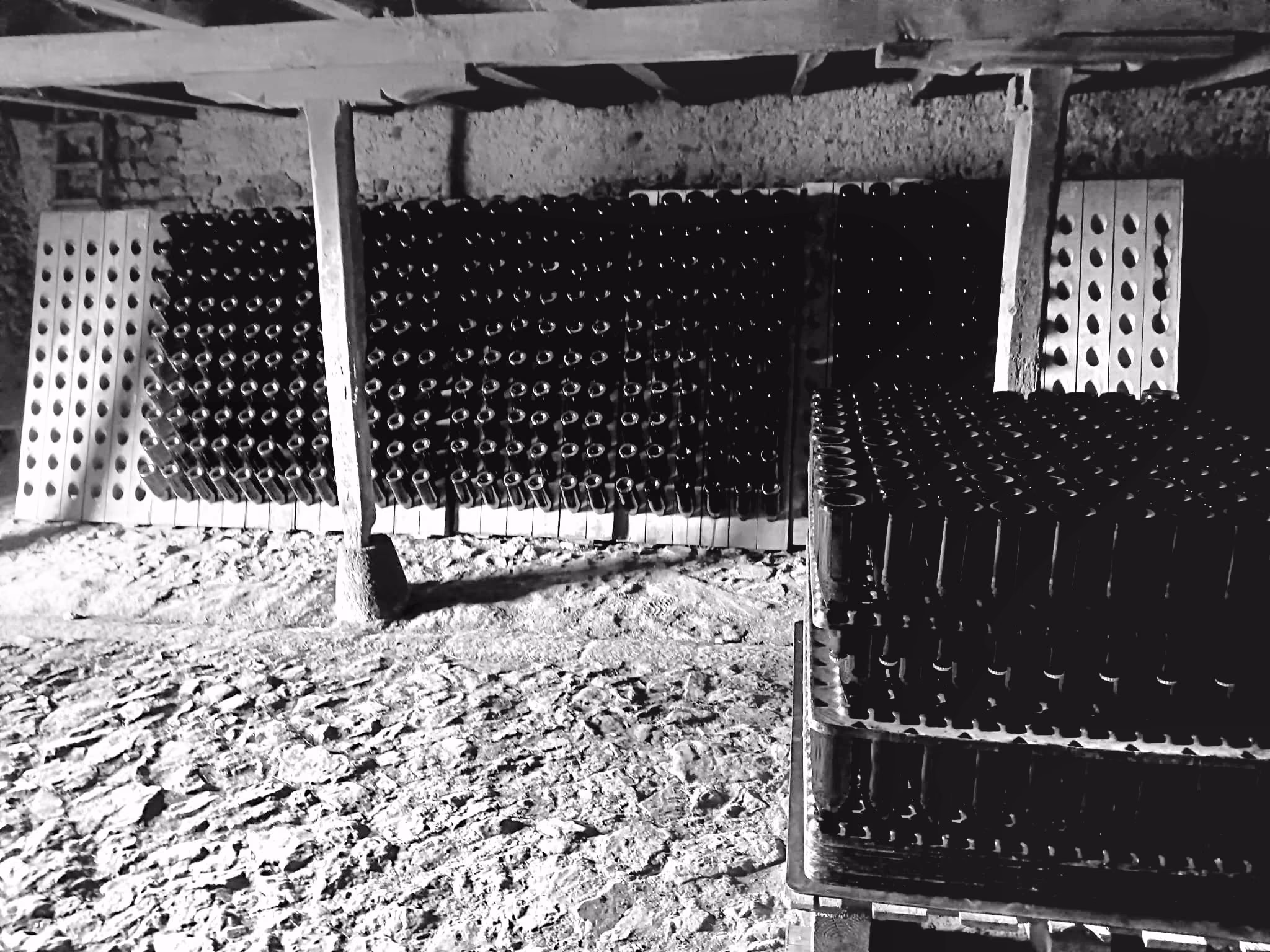 Bouteilles de cidre empilées dans la cave pendant la prise de mousse